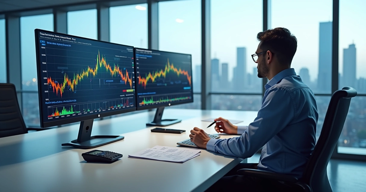 Profissional de finanças analisa gráficos de preços de commodities.