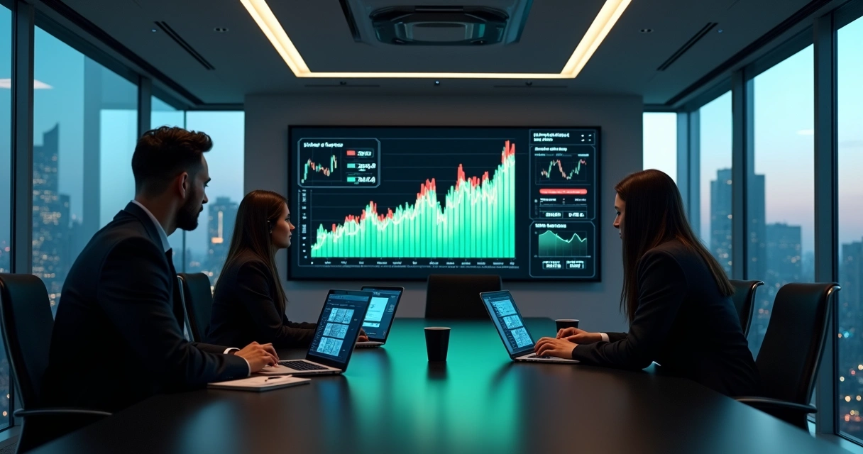 Business person analyzing a waterfall chart of hedge performance on a large digital screen 