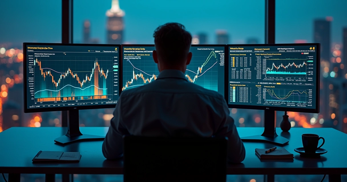 Hedge manager reviewing multi-screen dashboard of hedge performance and risk metrics 