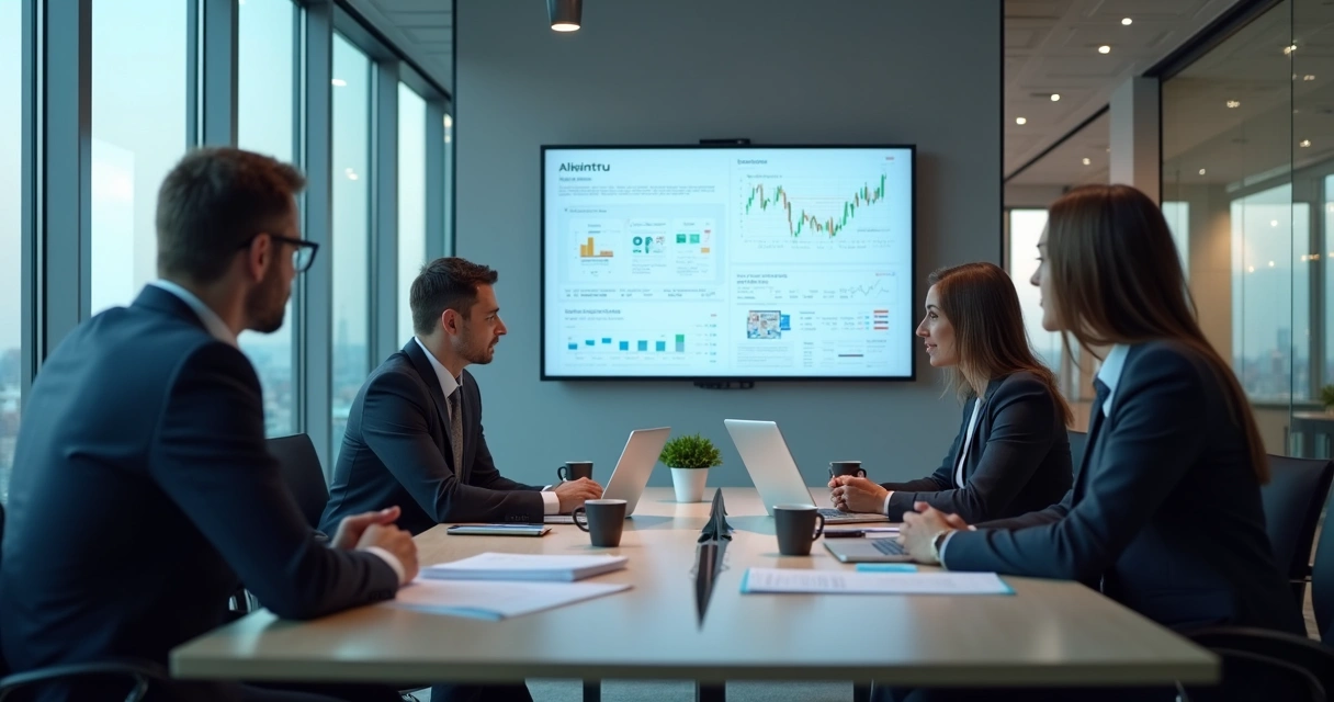 Boardroom strategy session discussing MtM-driven hedging portfolio 