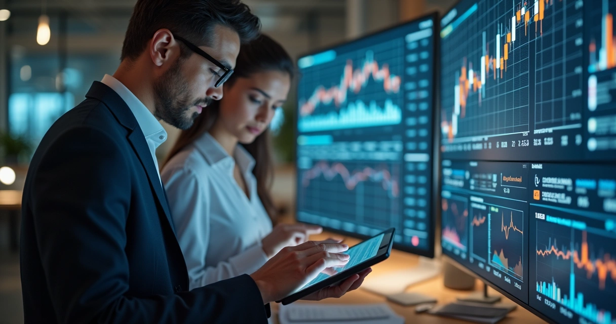 Business executives comparing financial charts on digital tablets in a modern office 