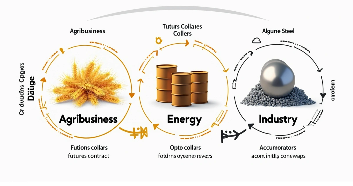 Commodity hedging strategies diagram for agriculture, energy, and industry.