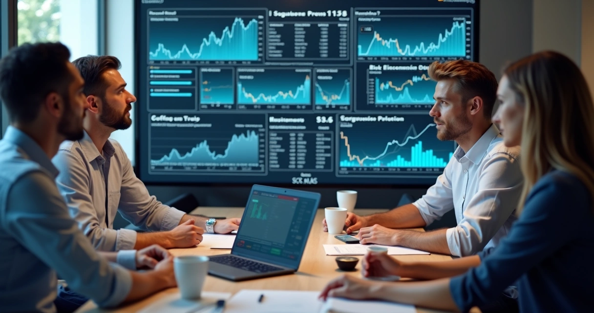 Team planning a tailored hedging strategy using AI analytics on digital screens