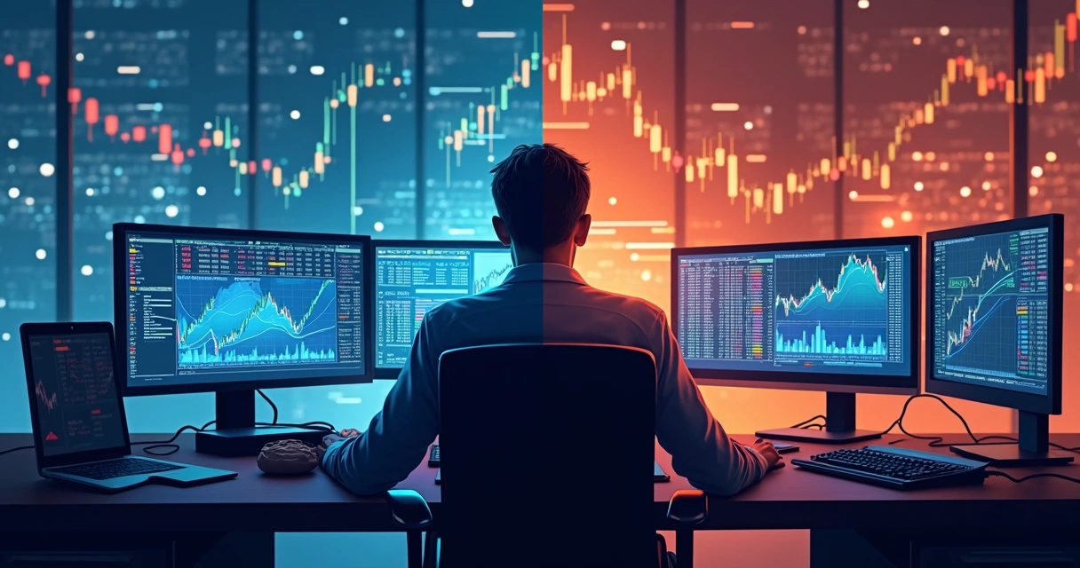 Split scene of a trader's desk: left half with FX and rates dashboard, right half with commodities market screen. 