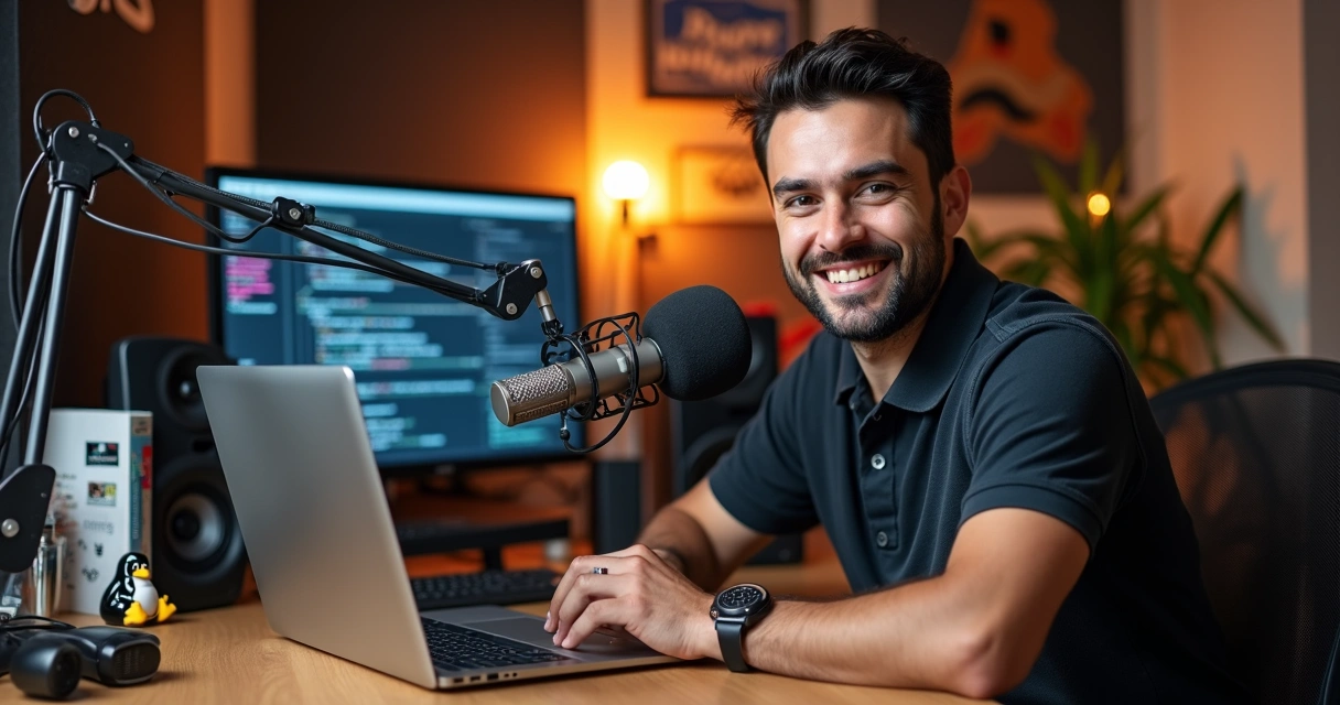 Heitor Faria sorrindo em estúdio de podcast com microfone e notebook 