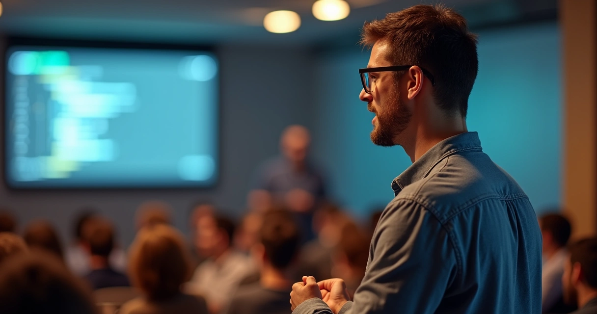 Heitor Faria apresentando palestra sobre software livre 