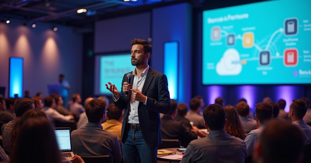 Heitor Faria em destaque falando sobre software livre em um painel de tecnologia 