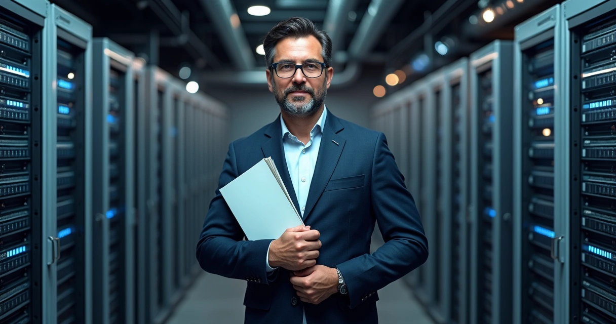 Heitor Faria com servidores e equipamentos de tecnologia. 