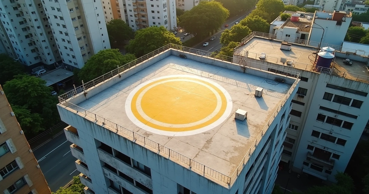 Heliponto em topo de prédio com prédios altos ao redor 