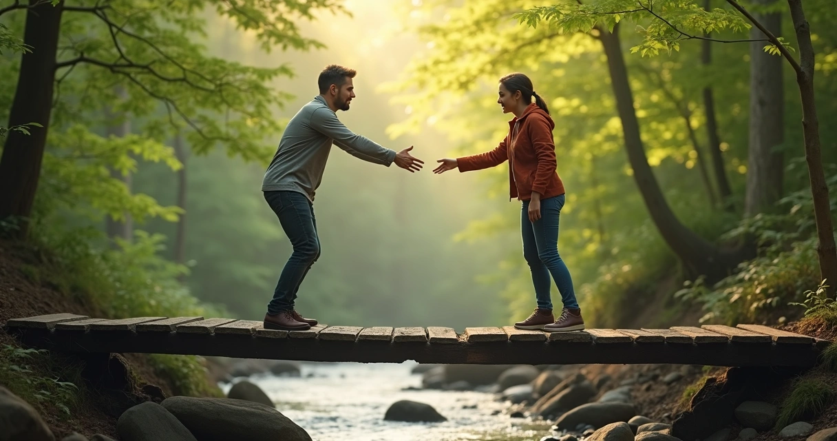 Person reaching out hands to help another across a narrow wooden bridge 