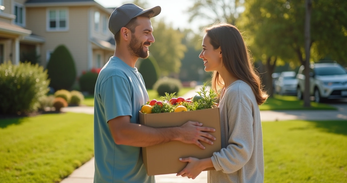 One person handing groceries to a neighbor outside their house 