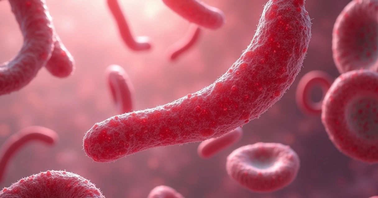 Imagem microscópica de hemácias em forma de foice misturadas a hemácias normais 