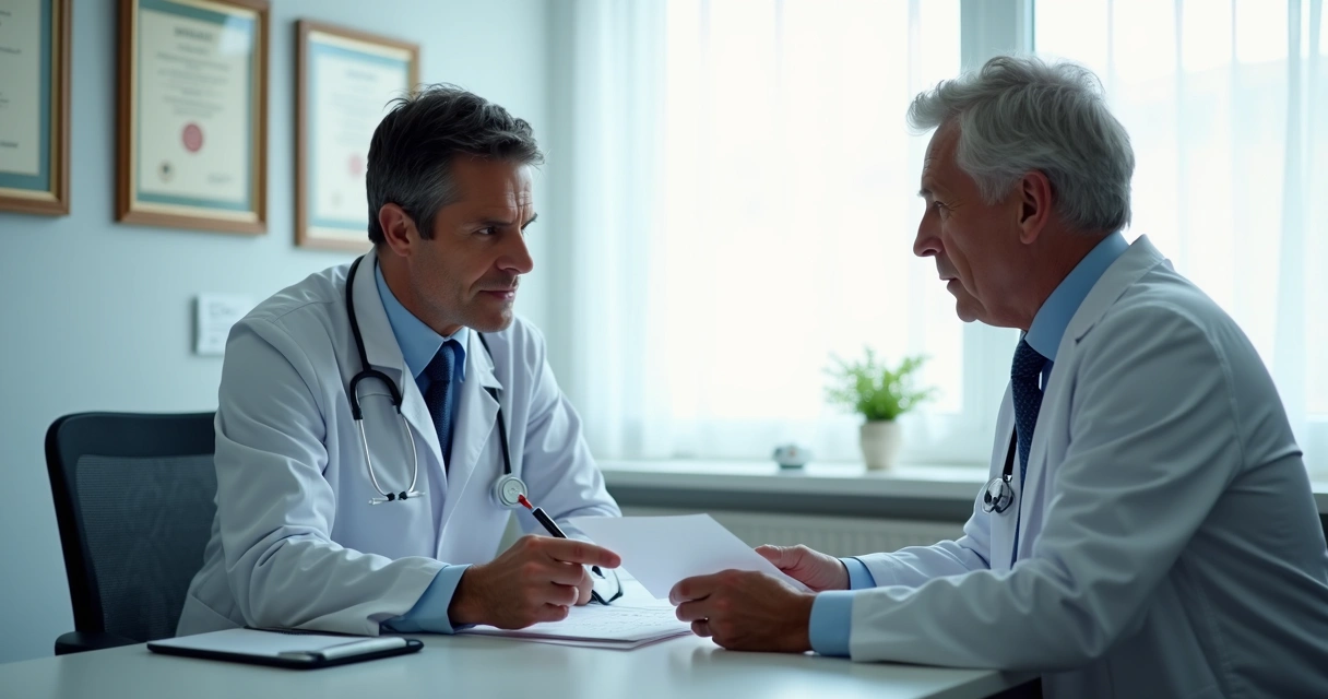 Hematologista com paciente em consultório profissional. 