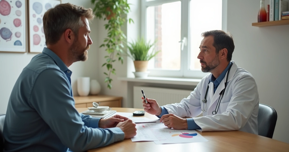 Hematologista em consultório acolhedor conversando com paciente e revisando resultados de exames de sangue 