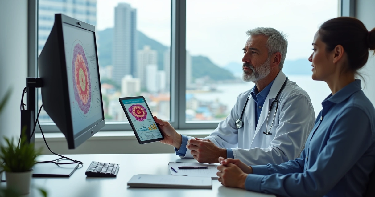 Hematologista atendendo paciente em consultório moderno 