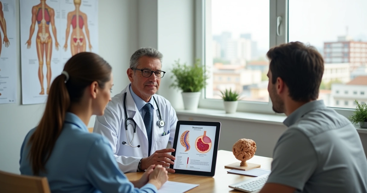 Hematologista mostrando ilustrações de mielofibrose em um tablet para casal em consultório 