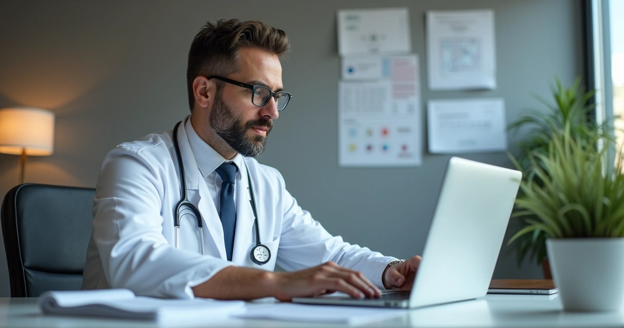 Hematologista analisa laudos de medula em sala de consulta 