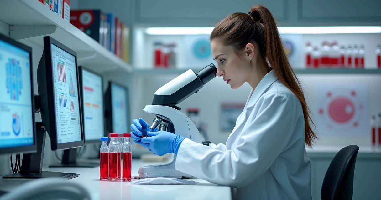 Médica hematologista analisando exame laboratorial 