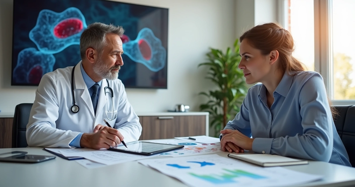 Hematologista experiente analisando exames de sangue com paciente em consultório moderno 