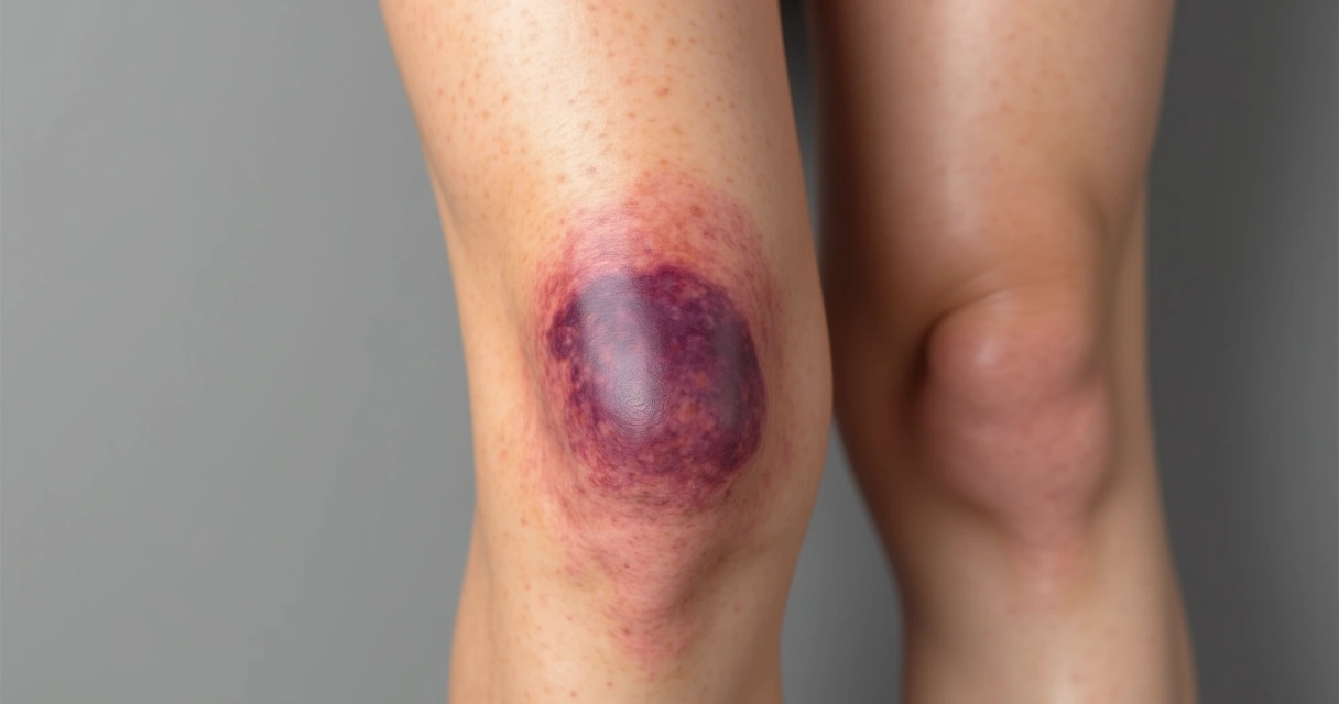 Mancha roxa de hematoma na pele da perna 