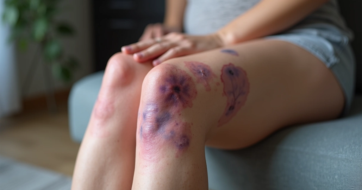 Hematomas roxos na perna próximos a áreas de varizes 