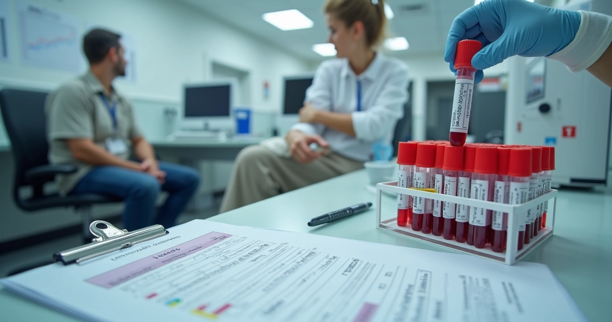 Coleta de sangue para hemograma ocupacional em ambiente de laboratório moderno 