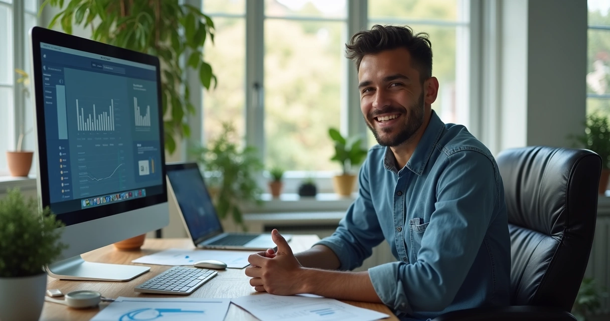 Henrique Sganzerla em ambiente moderno de escritório, cercado de computadores e anotações digitais