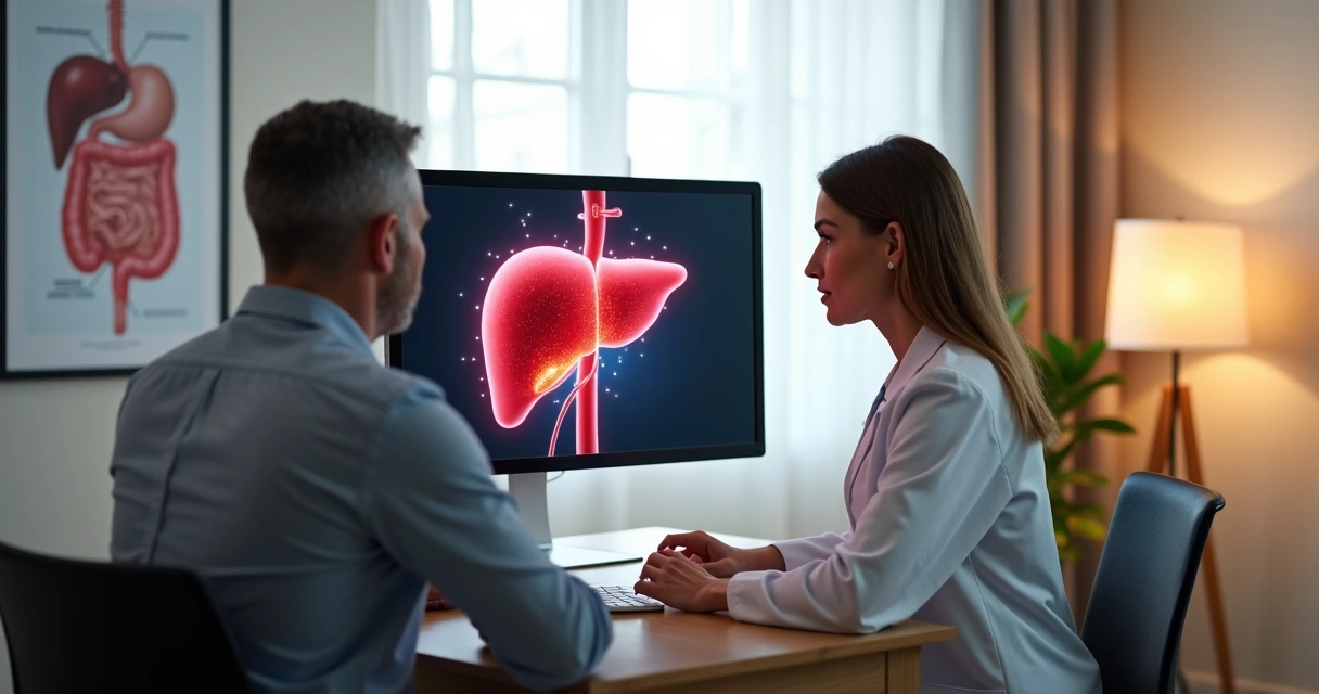 Paciente conversando com médica sobre exame do fígado em consultório 