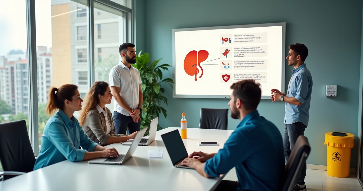Equipe de escritório observando cartaz educativo sobre hepatites virais e prevenção 