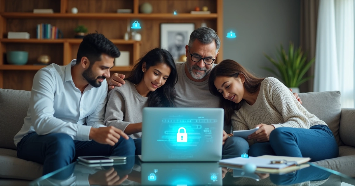 Família reunida em sala moderna protegendo cofres digitais com senhas 