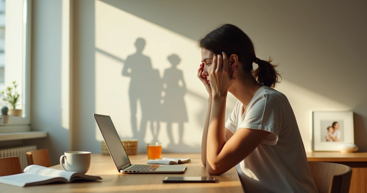 Adult reflecting on choices with subtle silhouettes of family in the background 