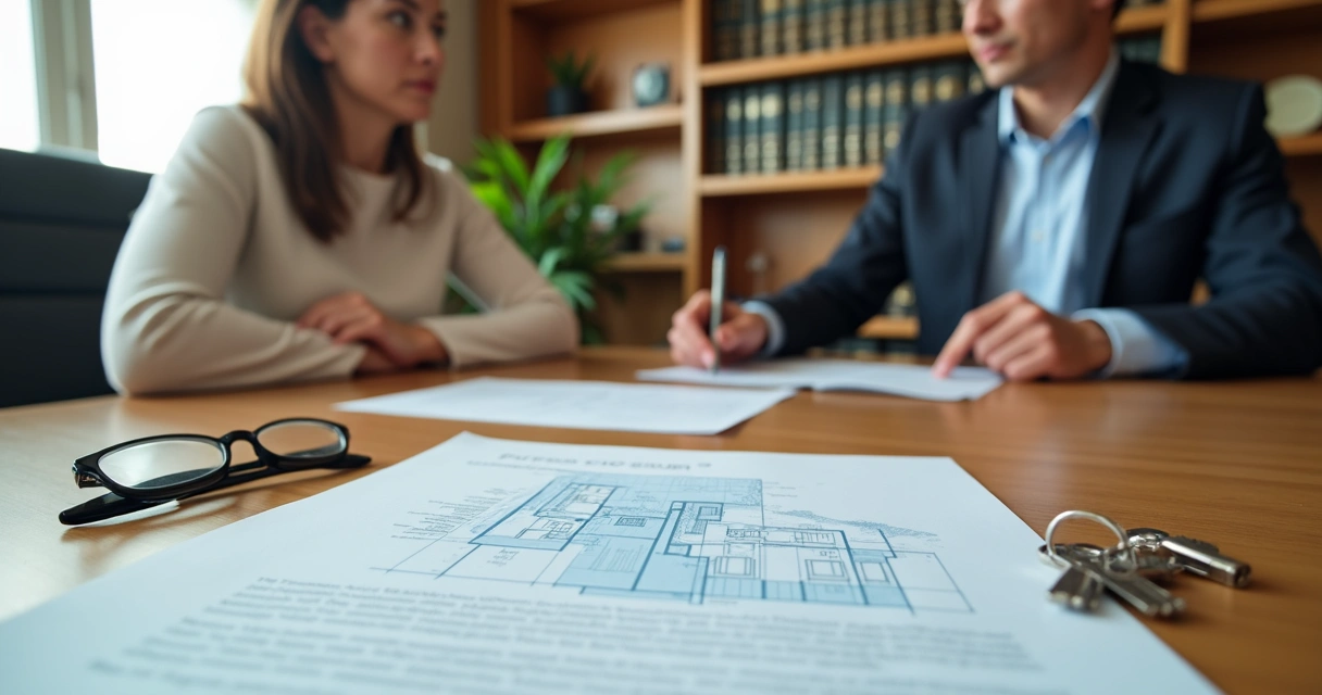 Casal analisando documento de imóvel herdado com planta baixa sobre a mesa 