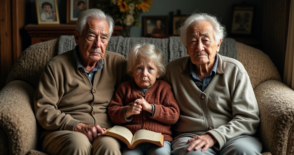 Família de três gerações sentada no sofá, expressão séria e objetos antigos ao redor