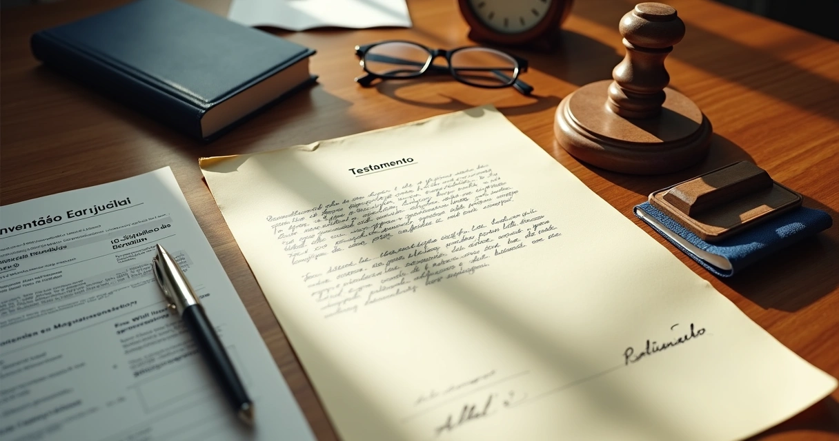 Carimbo de cartório ao lado de testamento e documentos de inventário sobre mesa de madeira 
