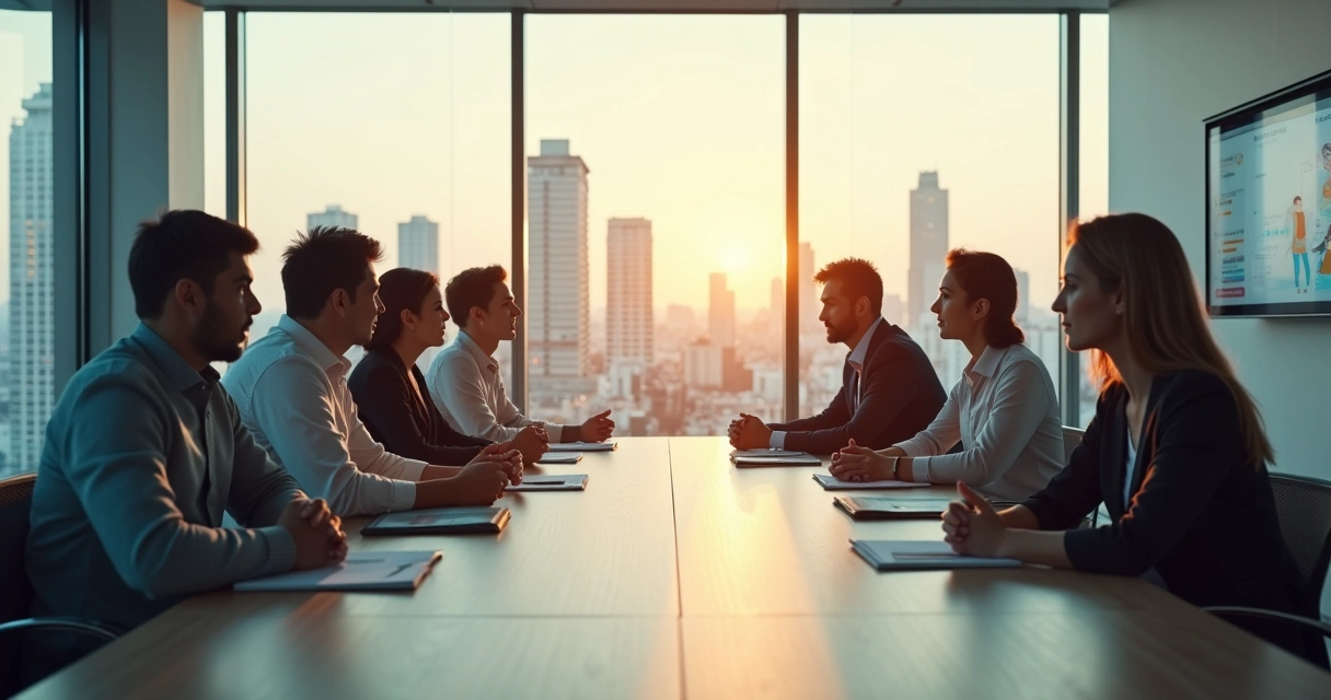 Equipe em sala de reunião com silhuetas sobrepostas simbolizando heranças emocionais na cultura organizacional 