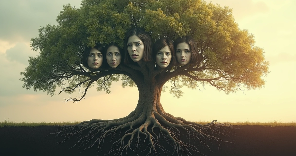 Representação fotorealista de uma árvore genealógica com raízes profundas conectadas a imagens sutis de rostos emocionais e símbolos de família e emoções 