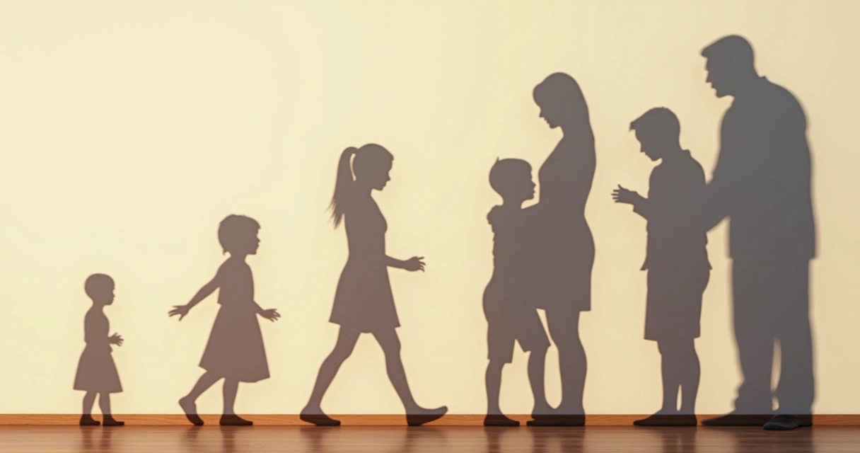 Três gerações de família em fila, com sombras mostrando gestos repetidos