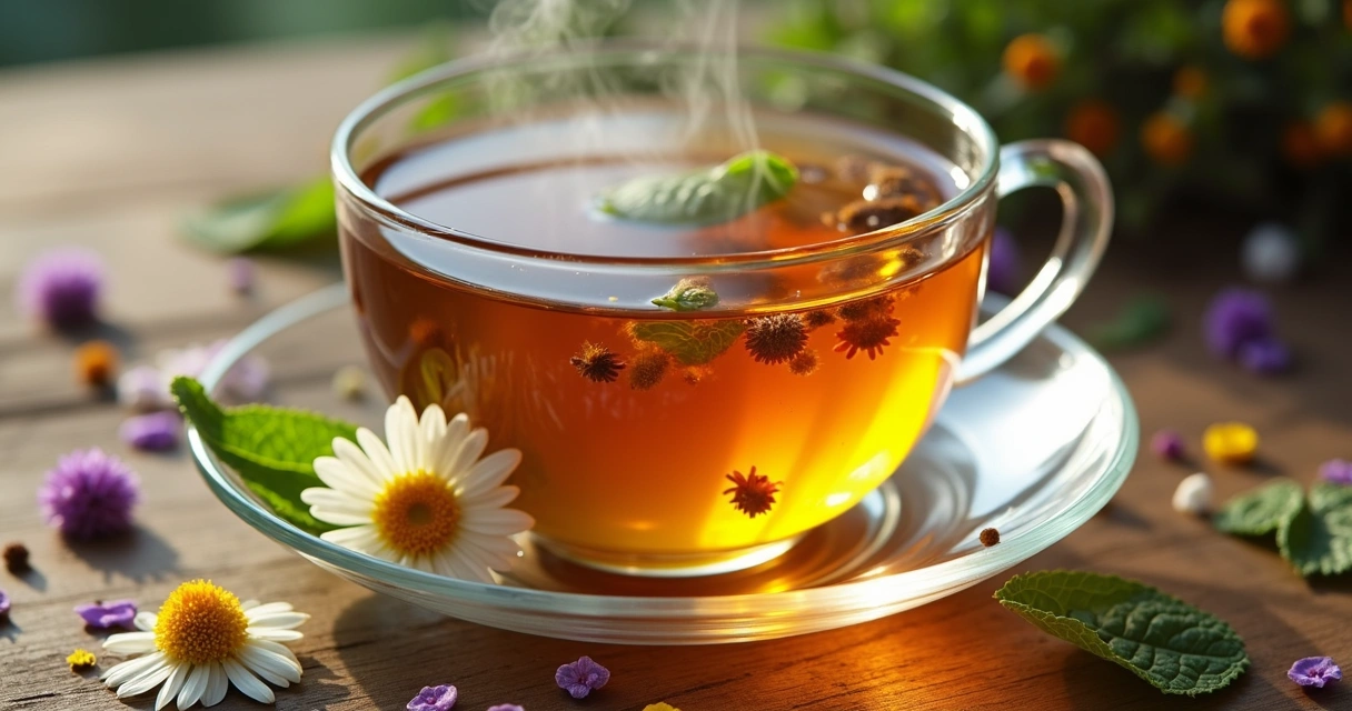 Cup of herbal tea with herbs on wooden table 
