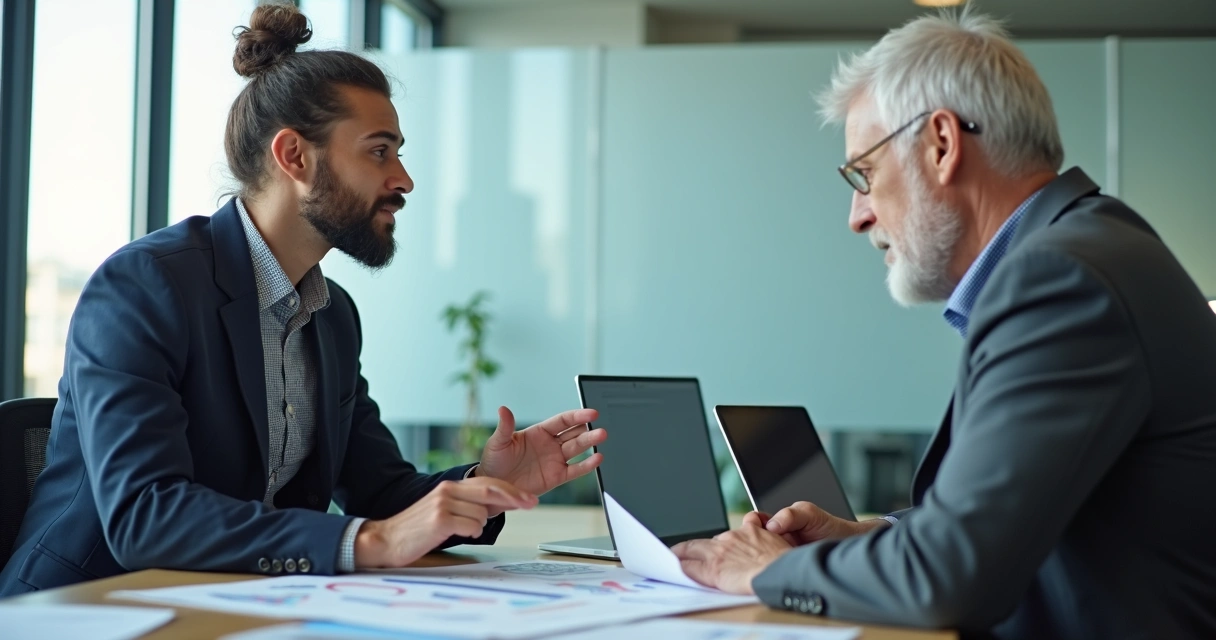 Jovem observa mentor em ambiente empresarial