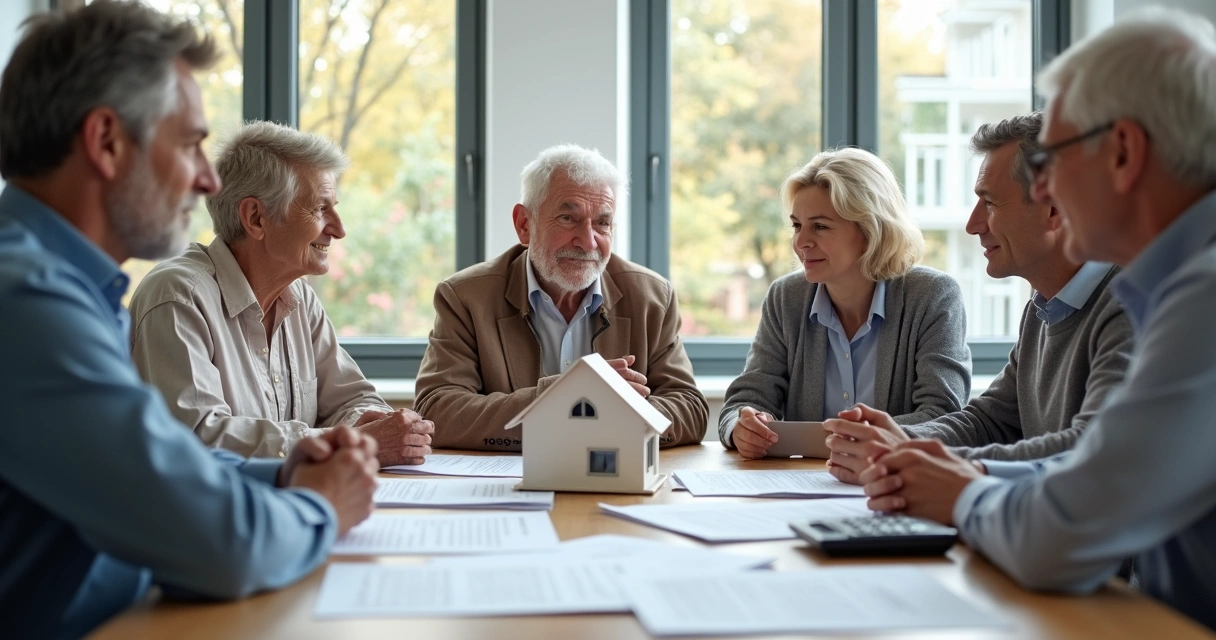 Grupo de herdeiros em mesa discutindo divisão de bens 