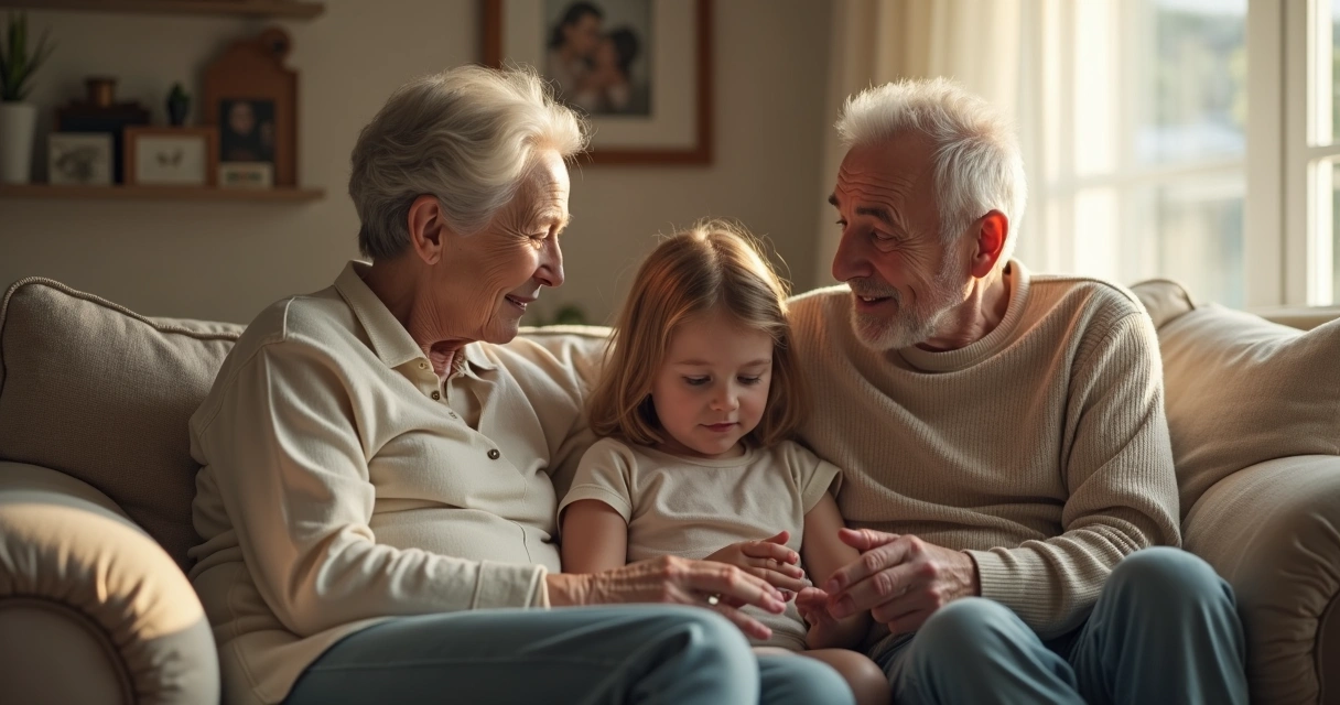 Dos generaciones de una familia sentados en la sala, adultos y niños interactuando en ambiente hogareño.