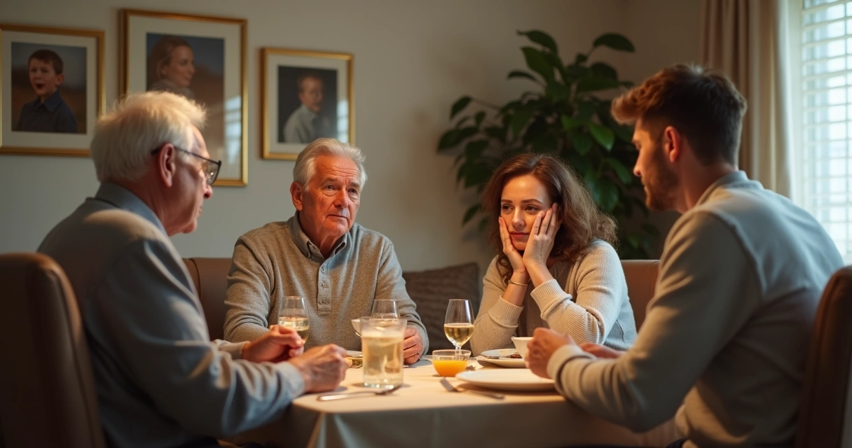 Dos generaciones, abuelos y nietos, sentados alrededor de una mesa, mostrando distintas posturas y gestos en una discusión familiar 