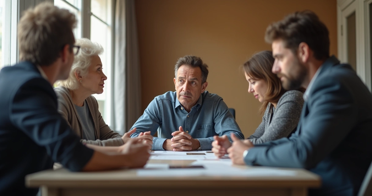 Colleagues in a meeting room with ghostly family figures in the background