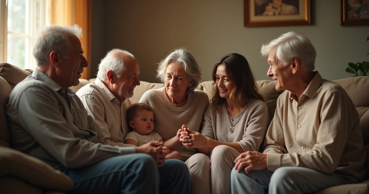 Varios miembros de diferentes generaciones de una familia sentados juntos en una sala iluminada
