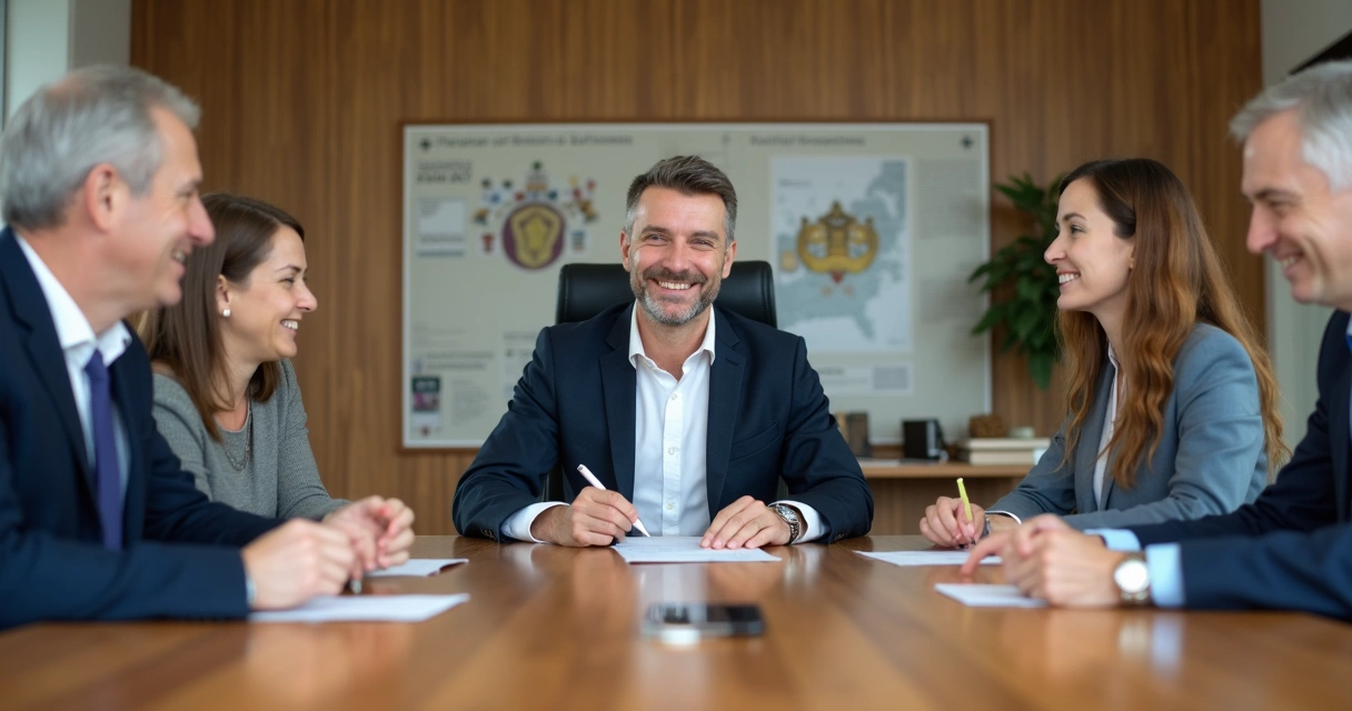 Business leader at a conference table with cultural symbols in the background