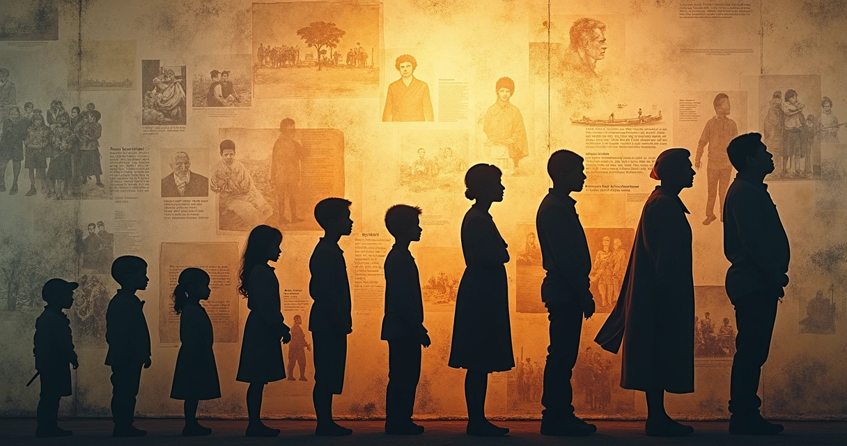 Silhouettes of different generations standing against a backdrop of faded historical images