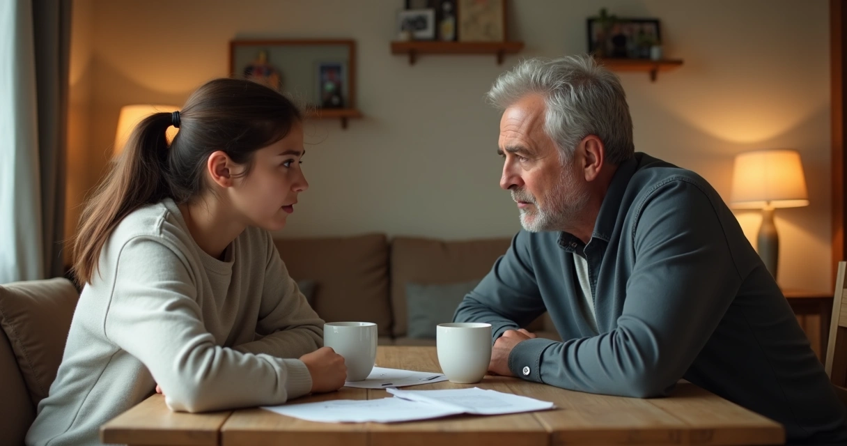 Dos hermanos adultos discutiendo en una mesa 