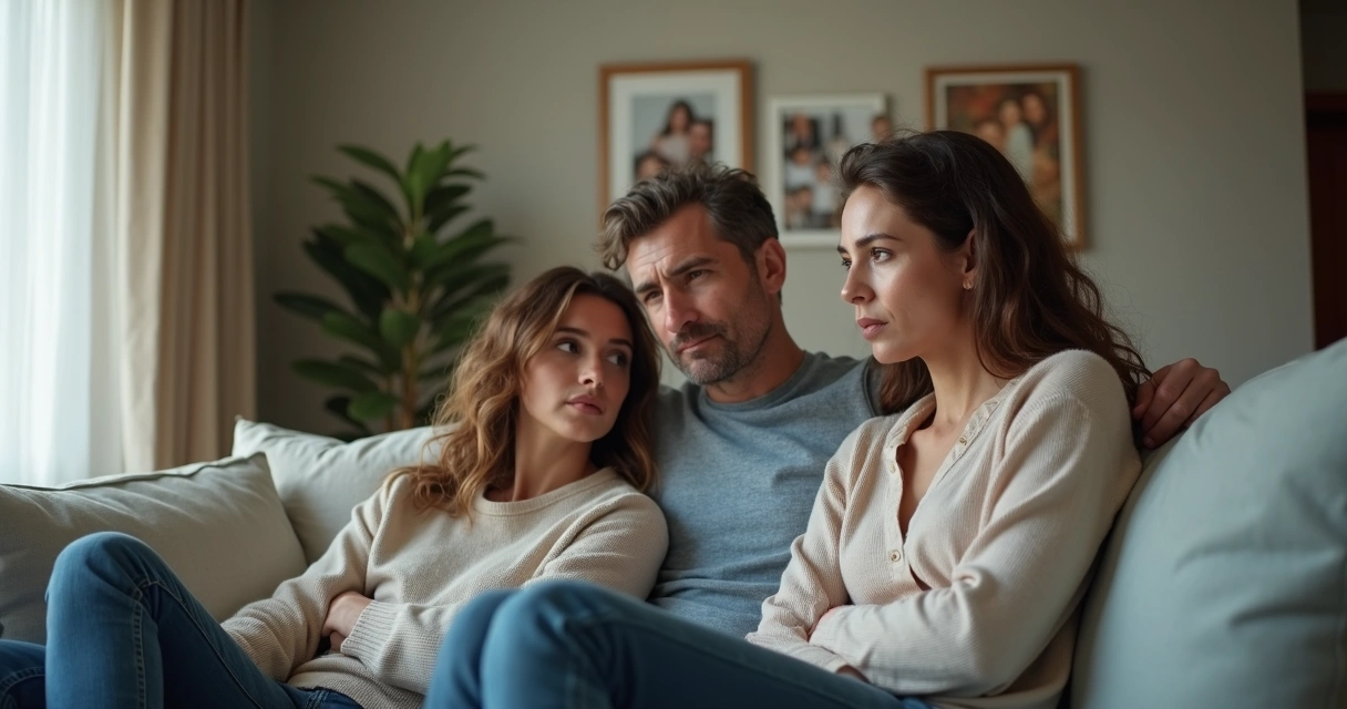 Tres hermanos adultos sentados en un sofá mirándose con complicidad y cierta tensión 