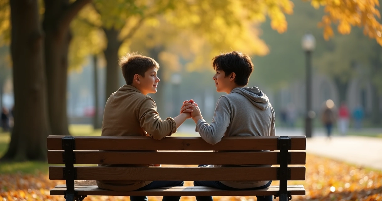 Dos hermanos adultos conversan sentados en un banco de parque en otoño 