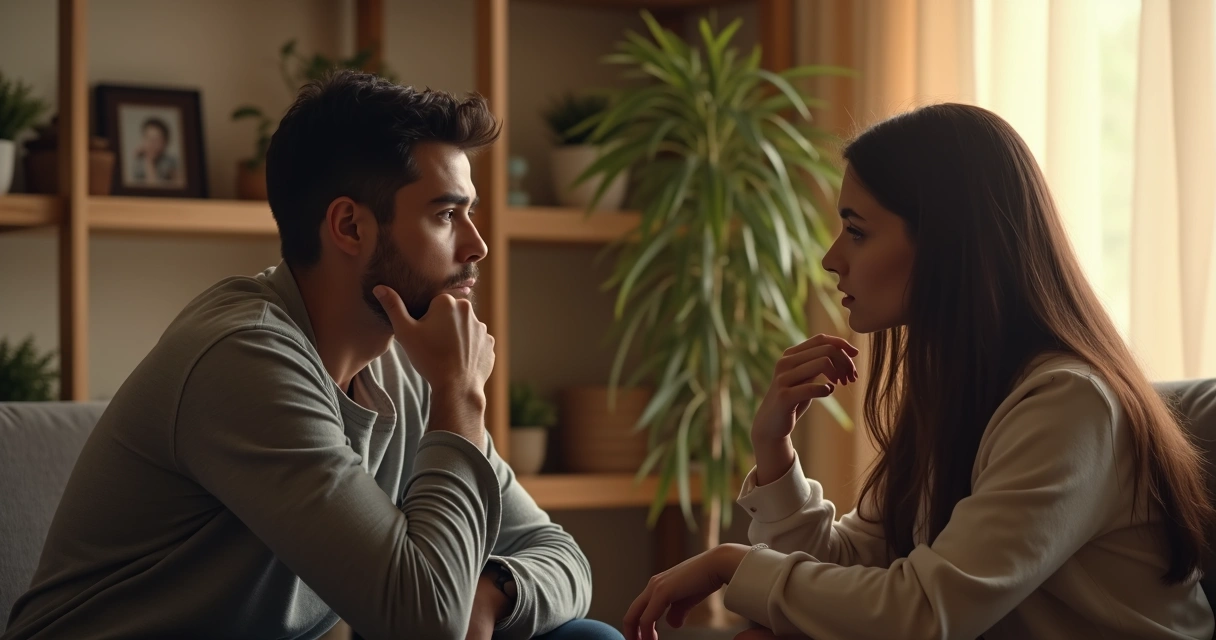 Hermano y hermana adultos conversando seriamente en casa.